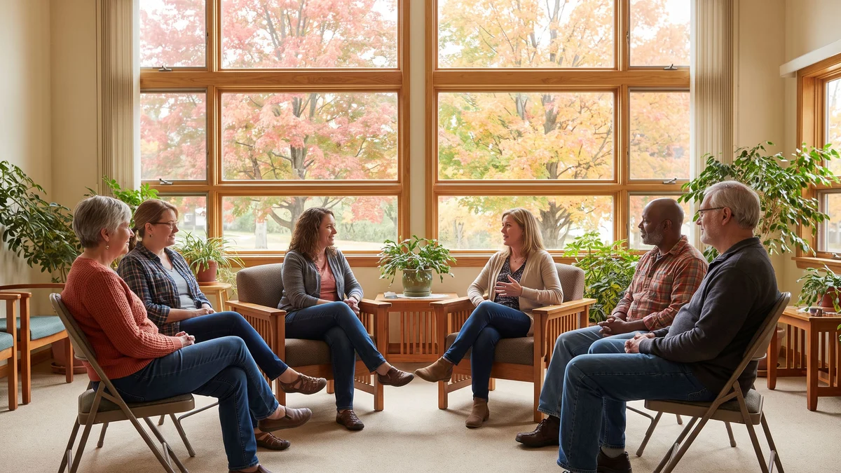 Adults sitting in a circle in a bright community room with autumn trees outside the windows