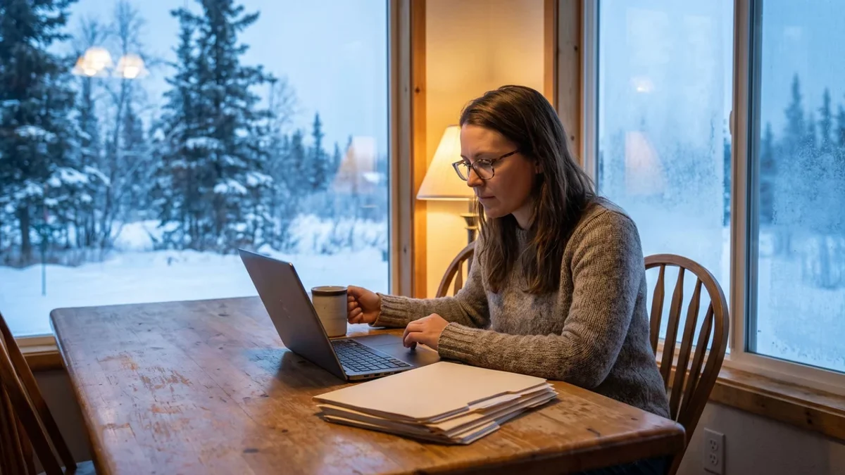 Someone reviewing plan paperwork at a table by a window on a winter afternoon in Wisconsin