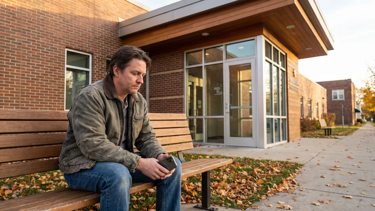An adult sitting on a bench outside a clinic building on an autumn day, thinking and holding a phone