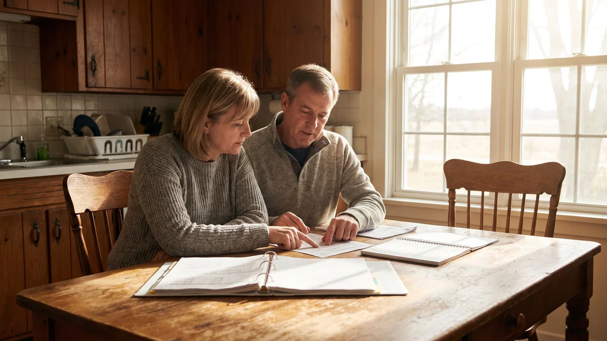 Two adults at a kitchen table reviewing paperwork and a notebook together in morning light