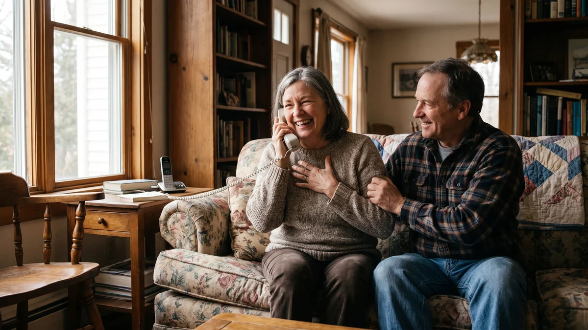 An adult on a living room couch talking on the phone with a relieved expression while a friend sits nearby