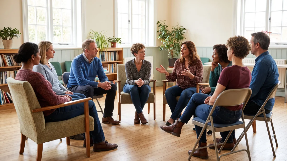 A small group of adults seated in a circle in a bright community room, one person speaking while others listen