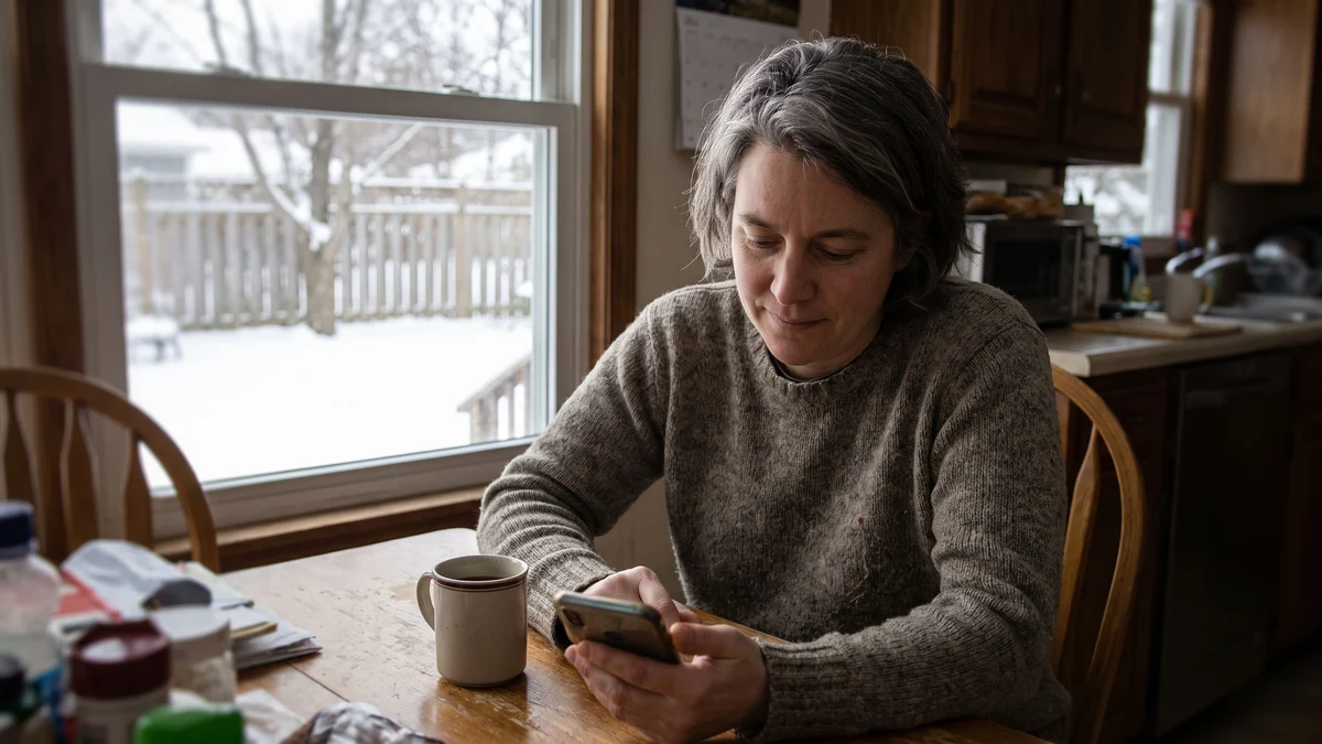 An adult sitting at a kitchen table looking at a smartphone with a snowy backyard visible through the window