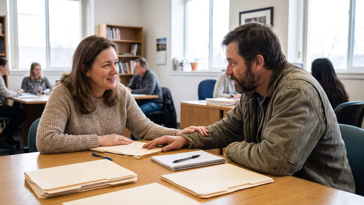 Two adults at a table in a community office reviewing a folder of documents and talking
