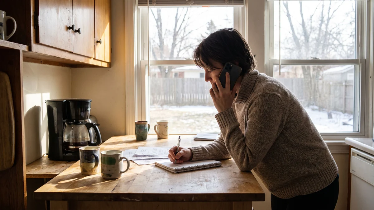 An adult at a kitchen counter on a phone call taking handwritten notes on a notepad