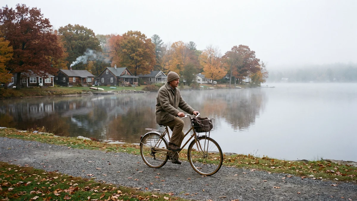 An adult in a warm jacket riding a bicycle along a lakeside path in a small town in autumn