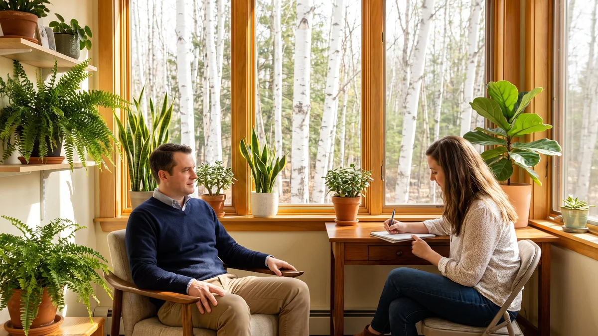 A counselor and a client talk in a bright office with a window onto birch trees