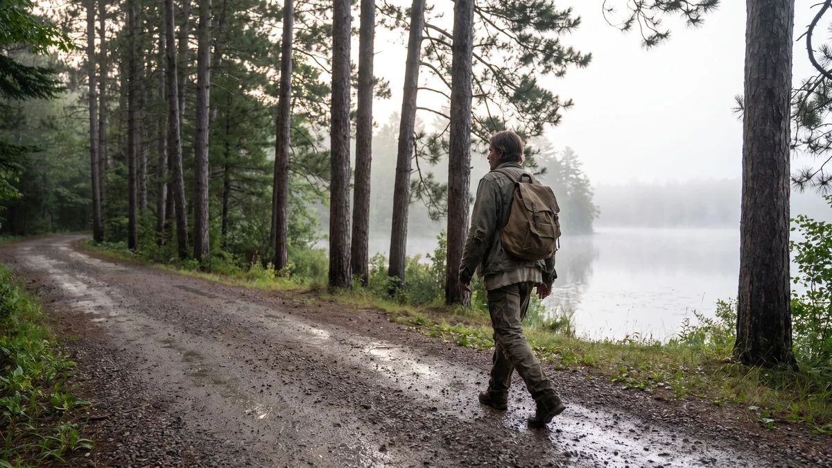An adult walks a gravel path along a quiet Wisconsin lakeshore in morning light