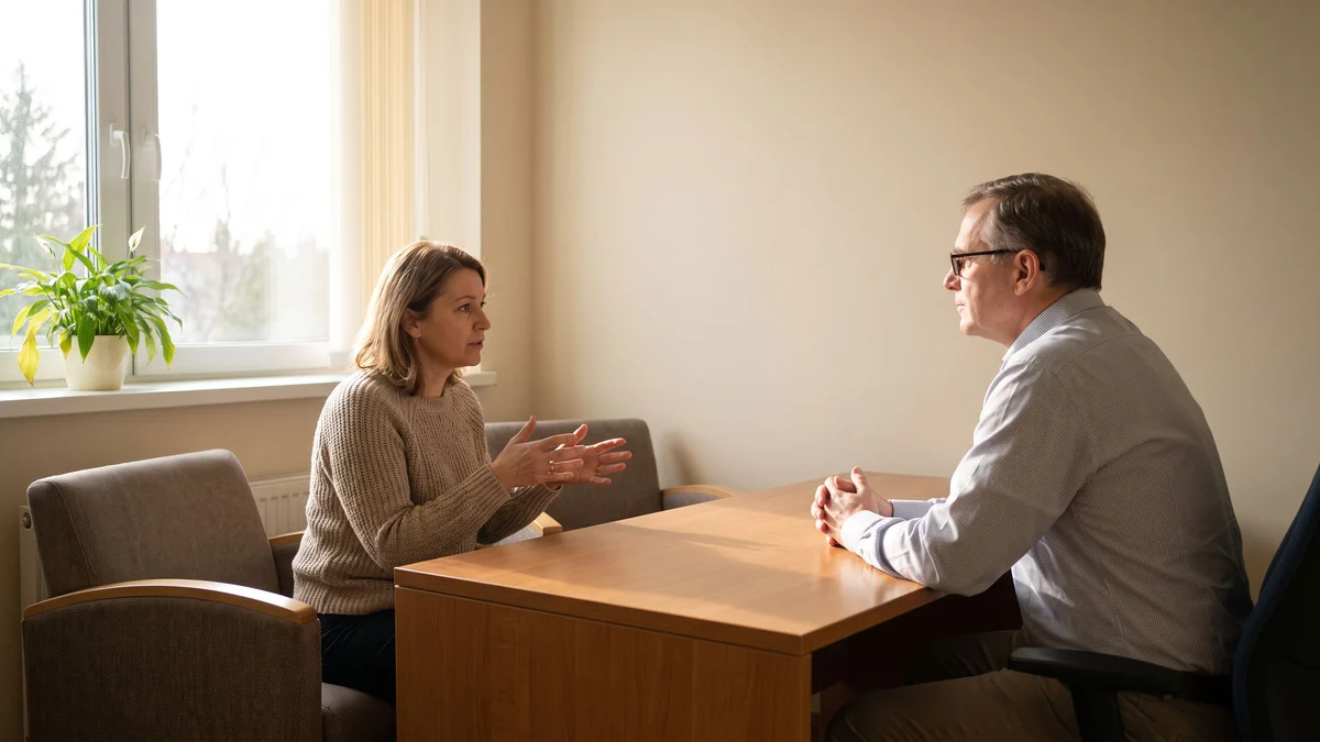 An adult and a counselor talk across a desk in a bright, plain office with a window