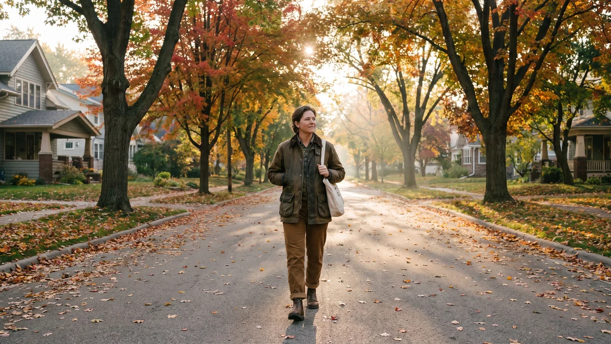 An adult walks along a quiet Wisconsin neighborhood street on an autumn morning