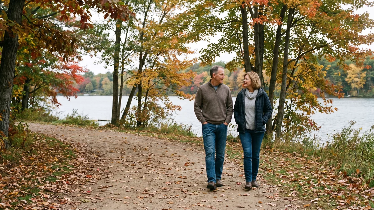 Two adults walking side by side on a quiet lakeside path in autumn, talking