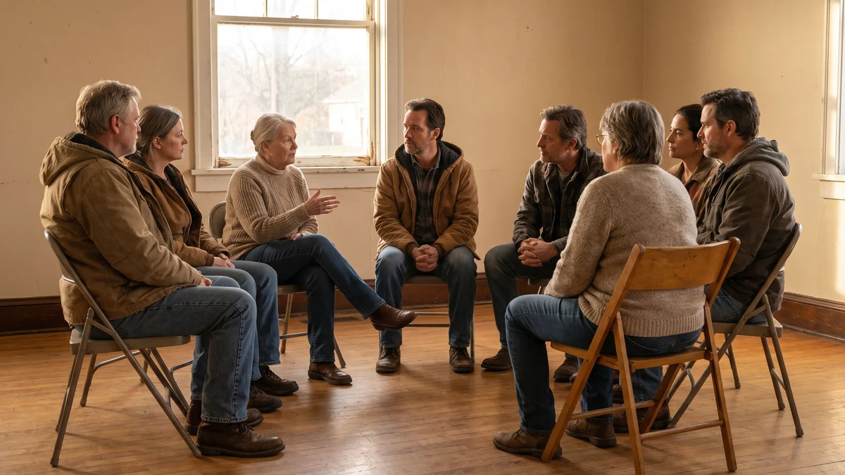 A small group of adults seated in a circle of chairs in a community room, one person speaking while others listen