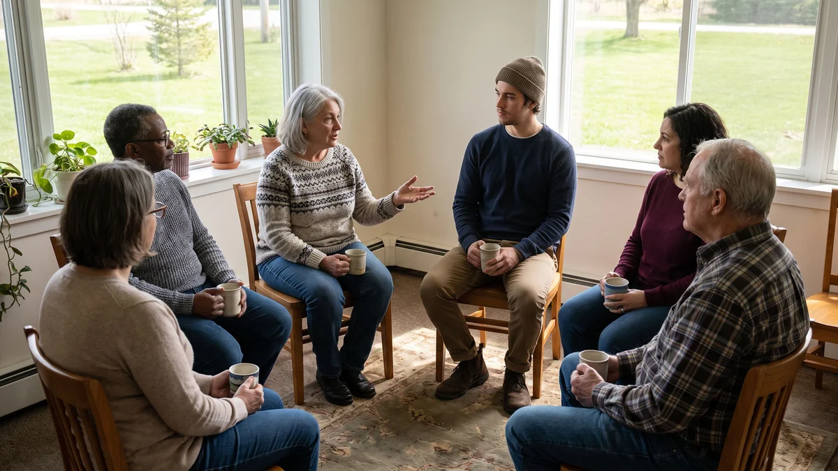 Adults of different ages sit in a circle of wooden chairs in a bright clinic room holding coffee mugs while one woman speaks