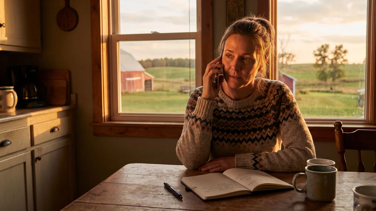 A woman in a patterned sweater sits at a farmhouse kitchen table talking on a phone with an open notebook and pen, a red barn visible through the window