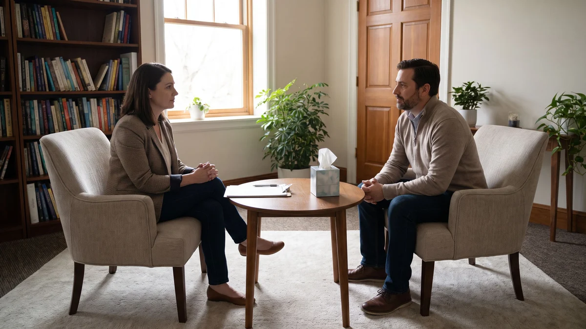 A counselor and an adult client talking in a quiet private office with the door closed