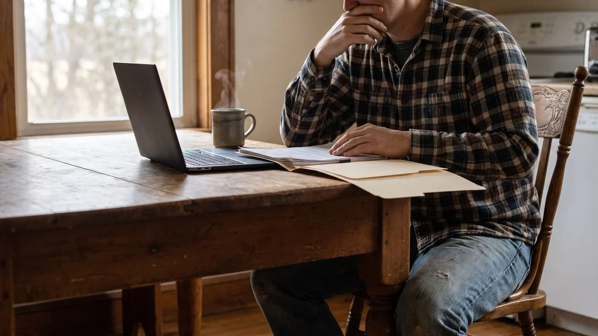 A person reviewing a folder of paperwork at a kitchen table in the morning