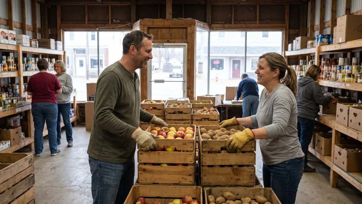 Two adults in work gloves smiling while stacking crates of apples and potatoes at a small-town food pantry