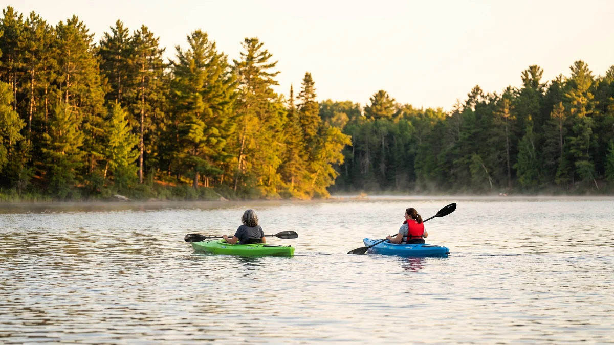 Two adult women paddling kayaks on a calm lake lined with pine trees at golden hour