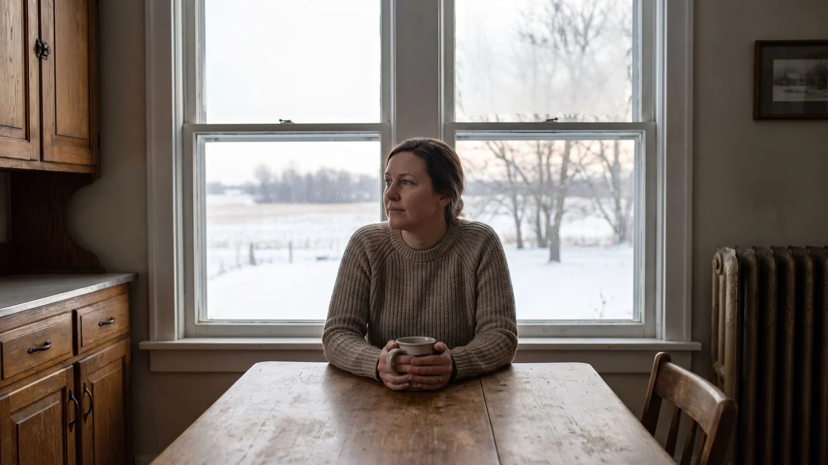 An adult woman sitting at a farmhouse kitchen table with a mug, looking out at a snowy Wisconsin field