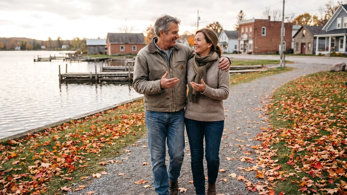 Two adults walking together on a lakeside path in a small Wisconsin town in autumn
