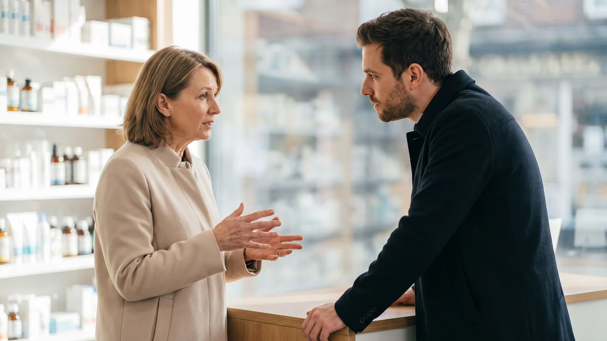 A pharmacist in her fifties talking with a man in his thirties across a pharmacy counter