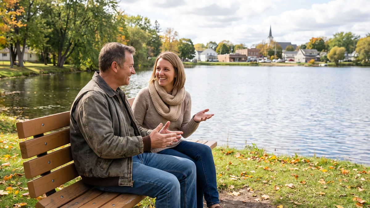 A man in his forties and a woman in her fifties talking on a park bench beside a lake in a small town in early fall
