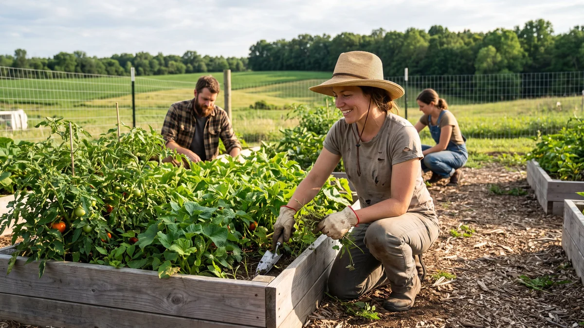 A woman in a sun hat tending raised vegetable beds in a community garden with two other adults, green fields behind them