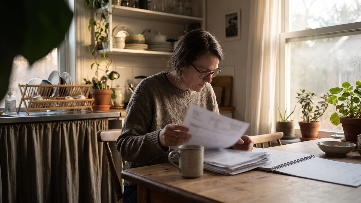 An adult sits at a kitchen table reviewing paperwork and a calendar
