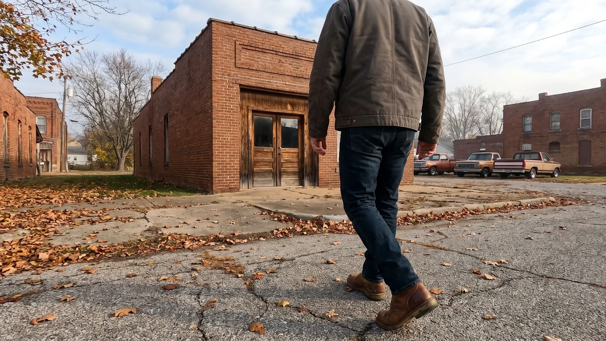 An adult in work boots walks toward a brick workplace entrance on an autumn morning