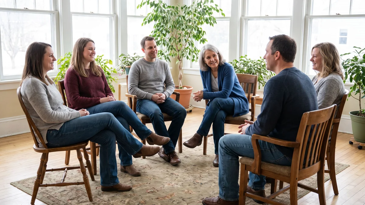 Adults seated in a circle of chairs in a bright community meeting room while a counselor listens