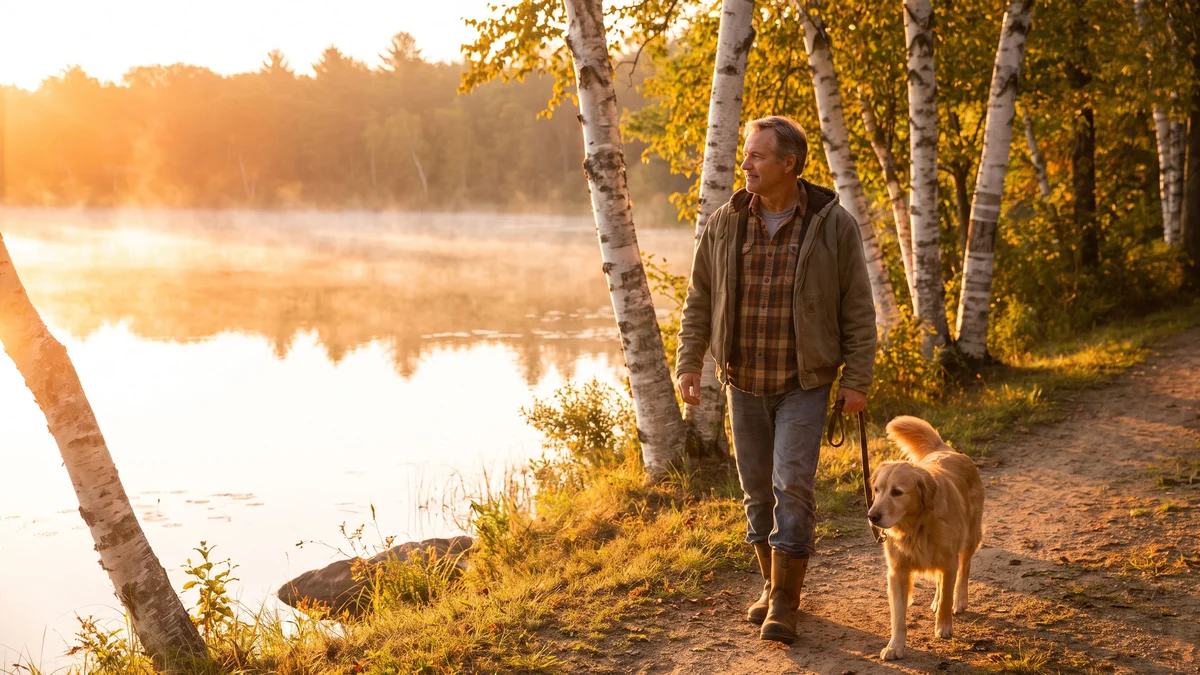 A man walking his dog alone on a quiet lakeside path lined with birch trees at golden hour