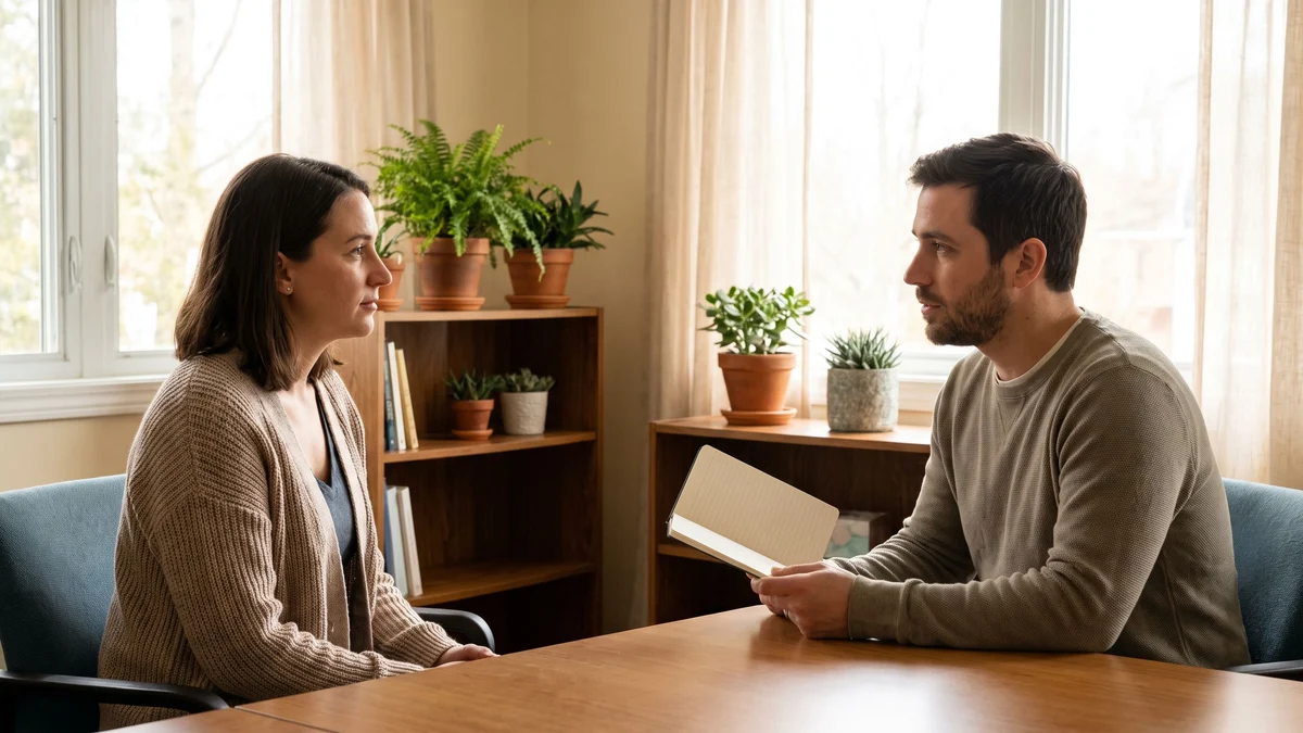 A counselor and an adult client talking in a calm office with soft daylight