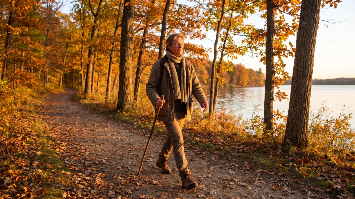 An adult taking a brisk walk on a tree-lined path beside a lake in autumn light