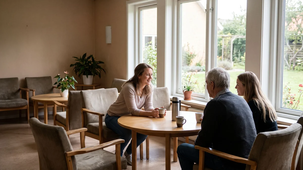 A woman talking with her father and sister at a small table in a bright treatment center common room