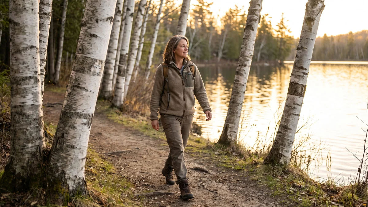 A woman walking alone on a quiet lakeside trail at golden hour among birch trees