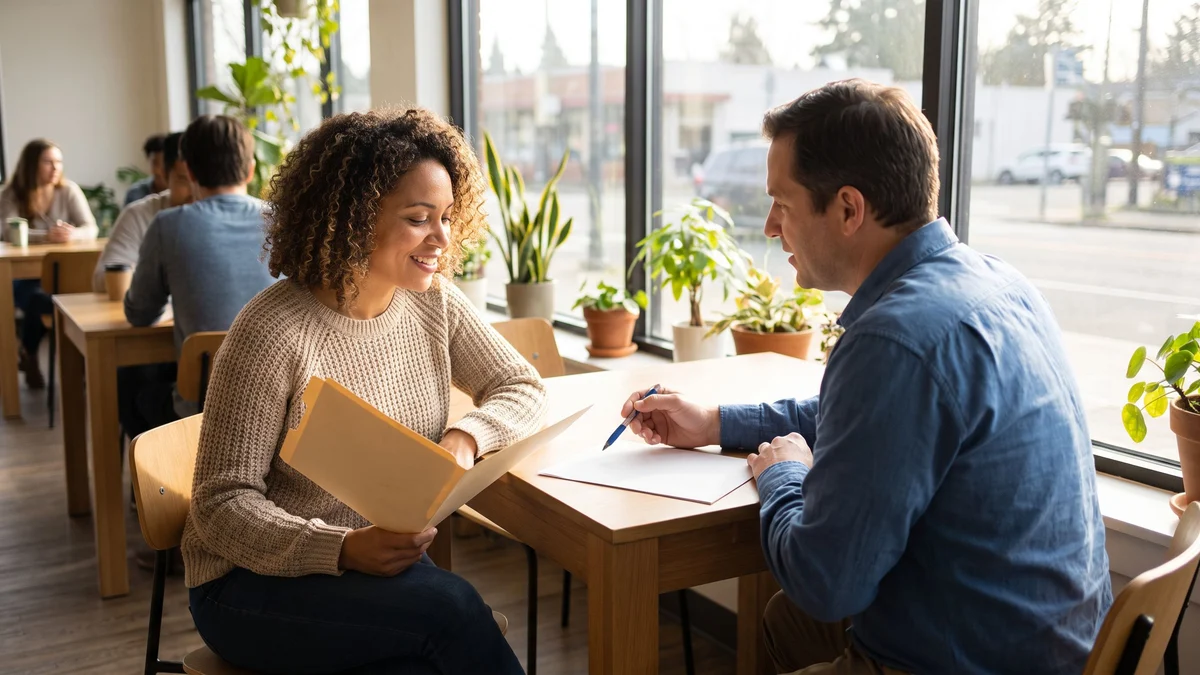 Two adults sit side by side at a desk in a bright office while one holds a folder and the other points at a blank sheet