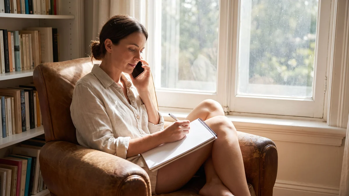 A woman in a sunlit living room talks on the phone while writing notes on a blank notepad