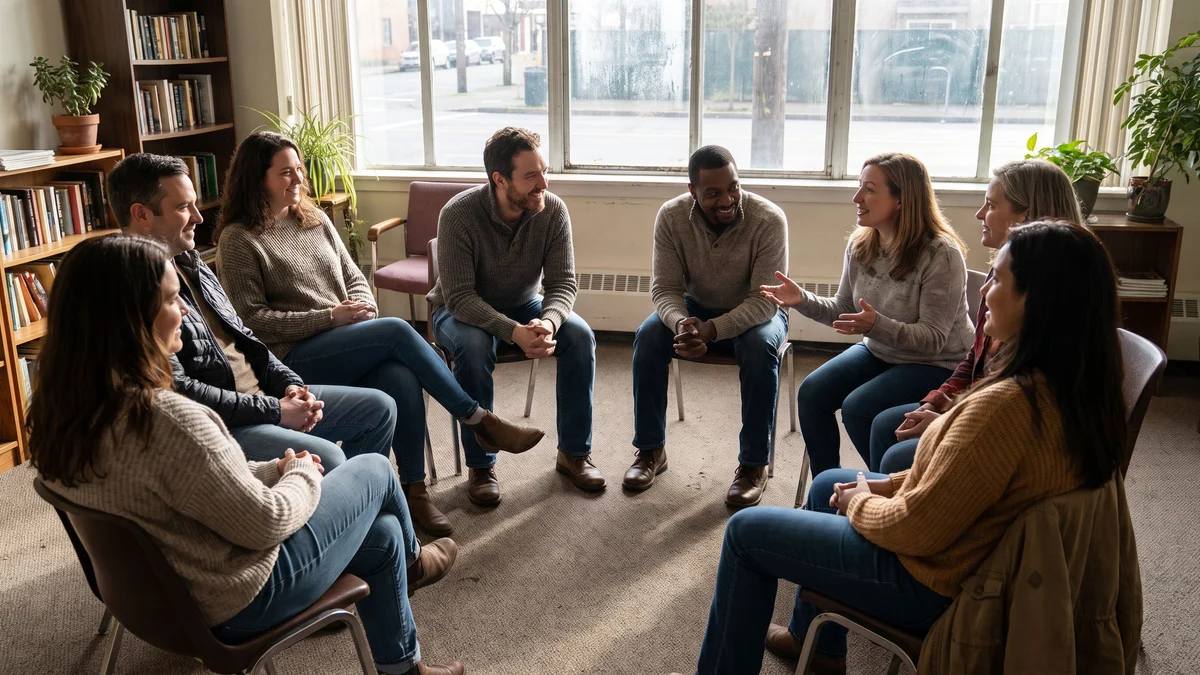 Adults sit in a circle of chairs in a community room, talking together