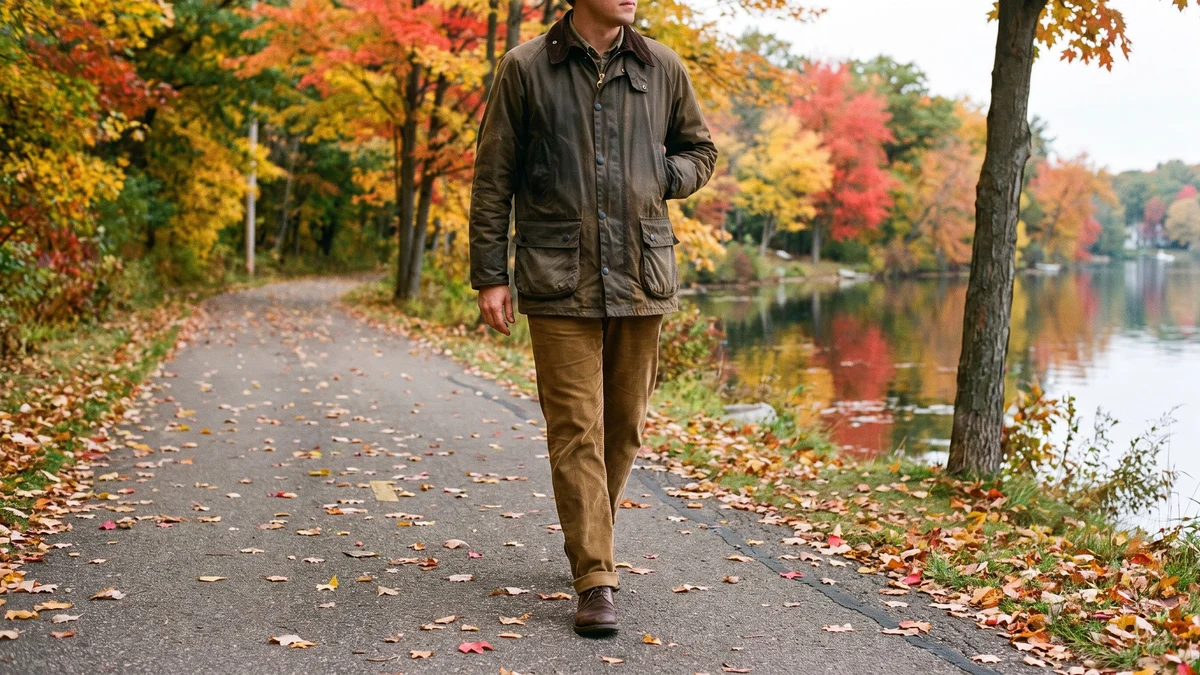 An adult walks along a paved lakeside path in Wisconsin in early autumn