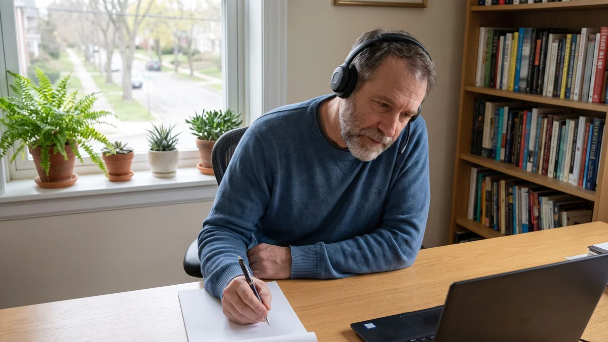 A gray-haired man wearing a headset listens and takes notes at a desk beside a window with potted plants