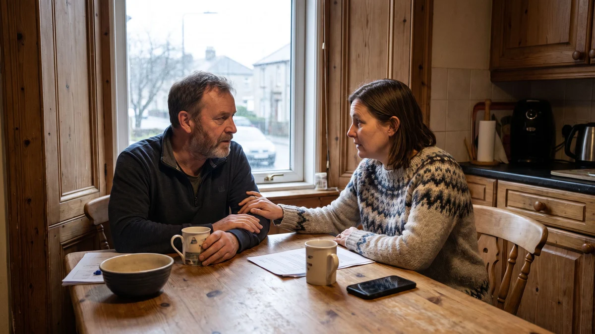 A man and a woman sit at a wooden kitchen table with mugs of coffee, the woman resting her hand on his arm as they talk