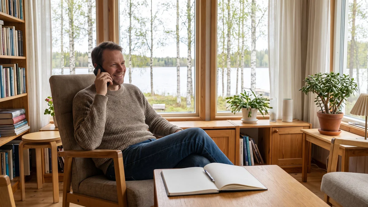 A man sits by a window in a bright living room making a phone call with a pen and blank notepad in front of him