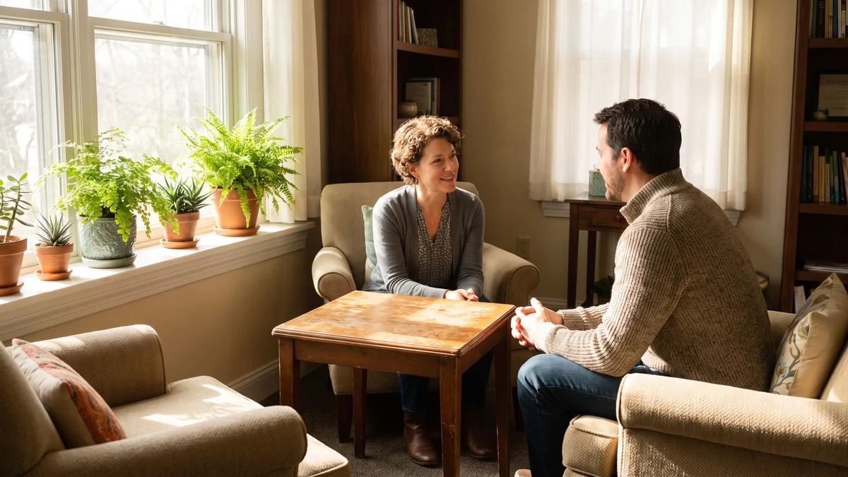 A counselor and an adult client talk across a small table in a sunlit office
