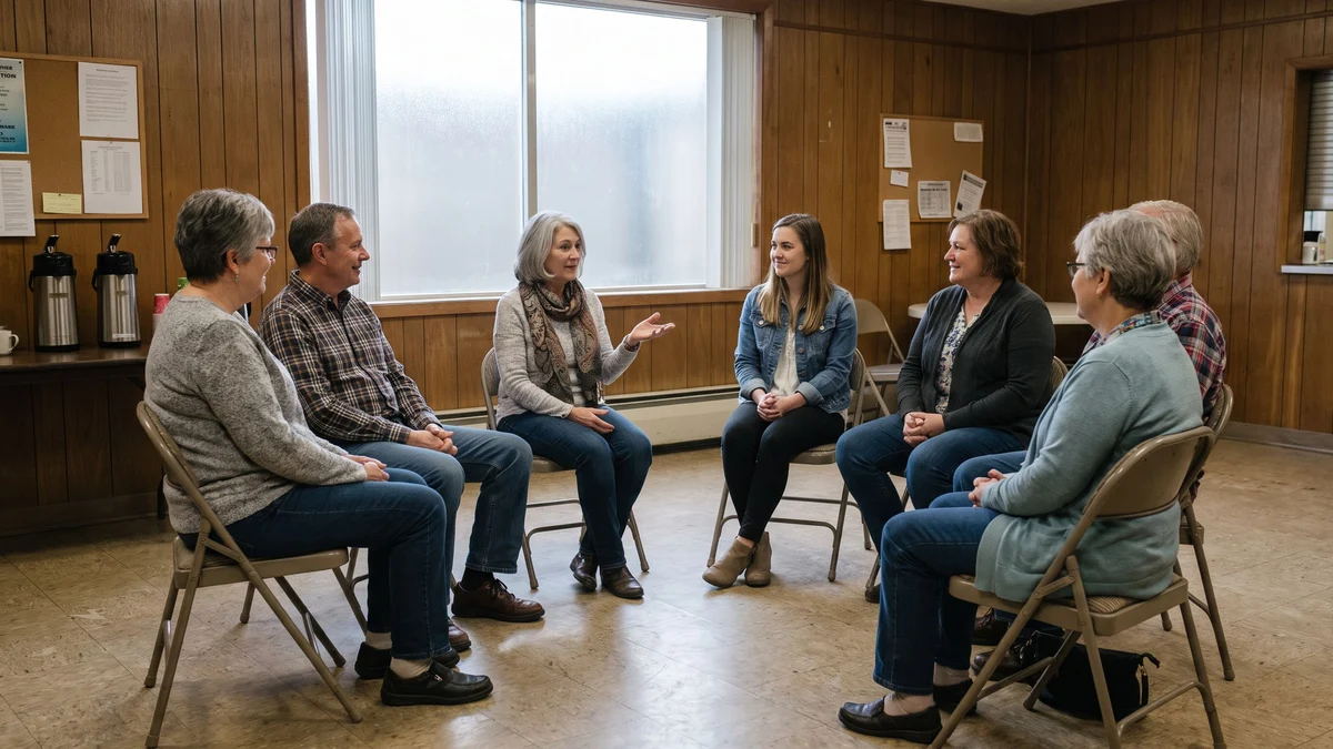 A small circle of adults seated in a bright community room, one woman speaking while others listen