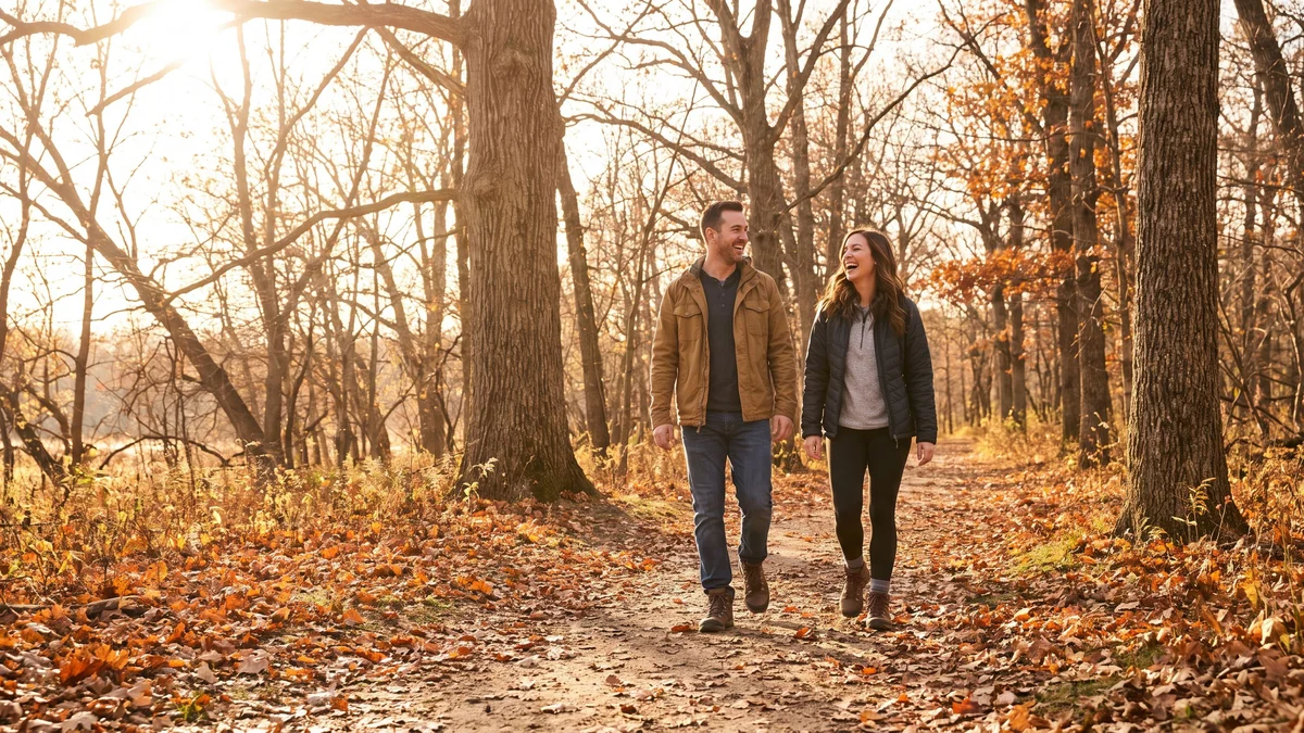 Two adult friends walking side by side on a leaf-covered autumn trail in a Wisconsin state park