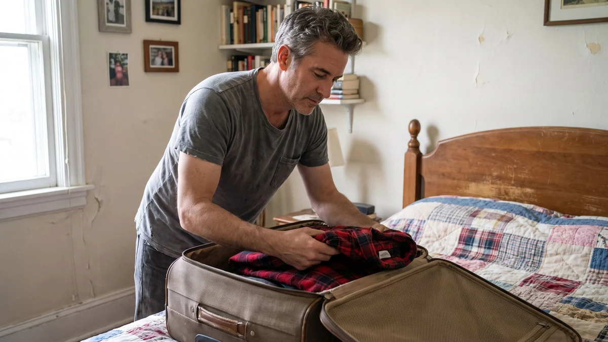 A man folds a flannel shirt into an open suitcase on a bed in a bright bedroom