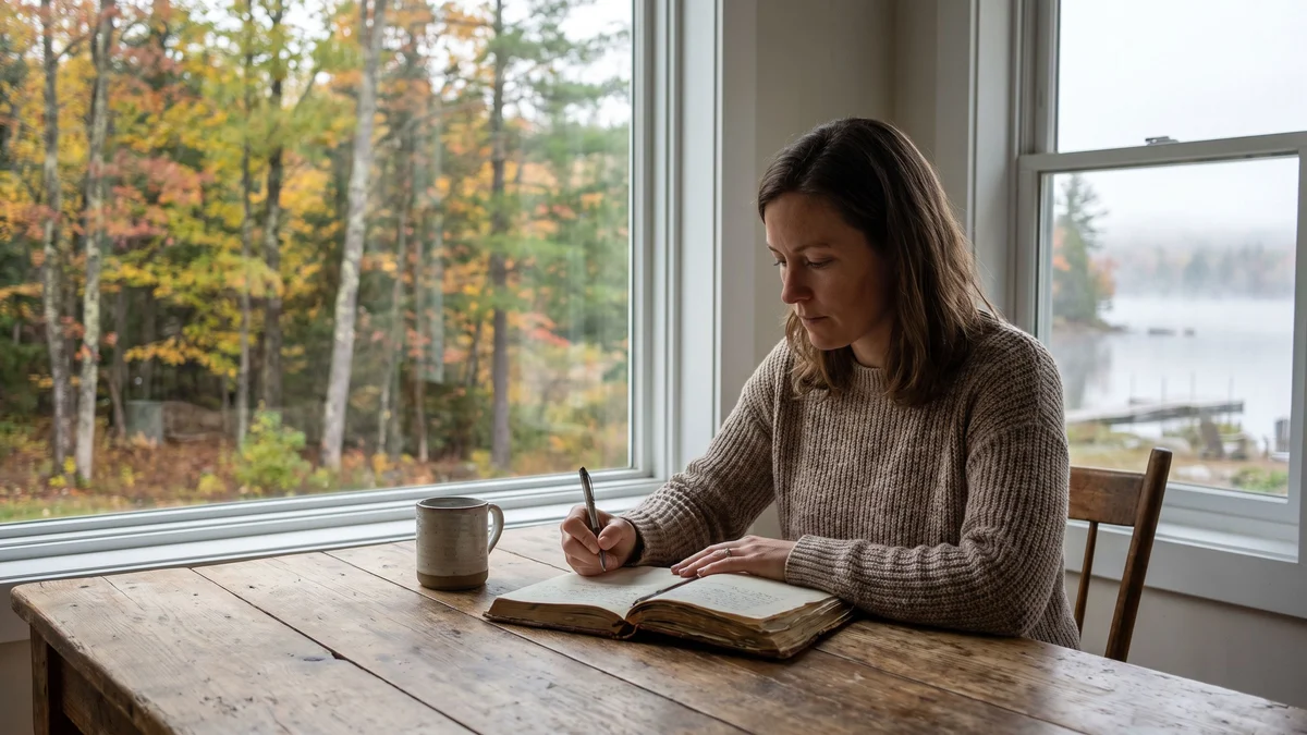 A woman writes in a notebook at a wooden table by a window overlooking a wooded lakeshore