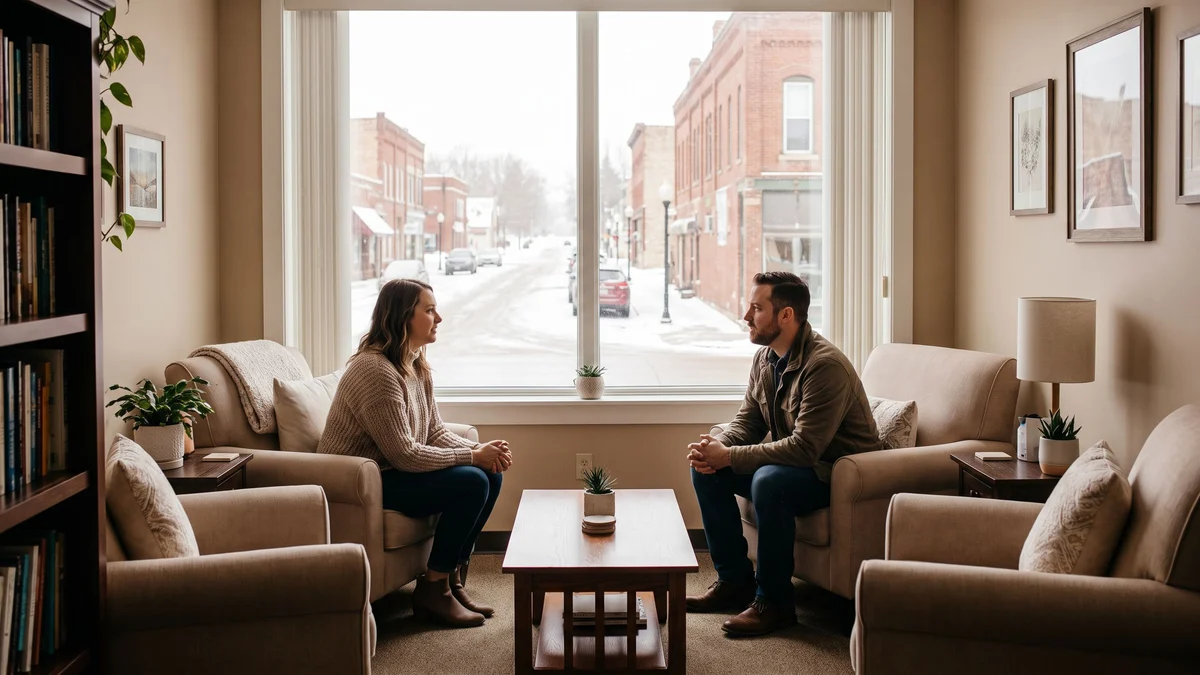 A counselor and an adult client talking in a quiet counseling room with a snowy small-town street outside the window