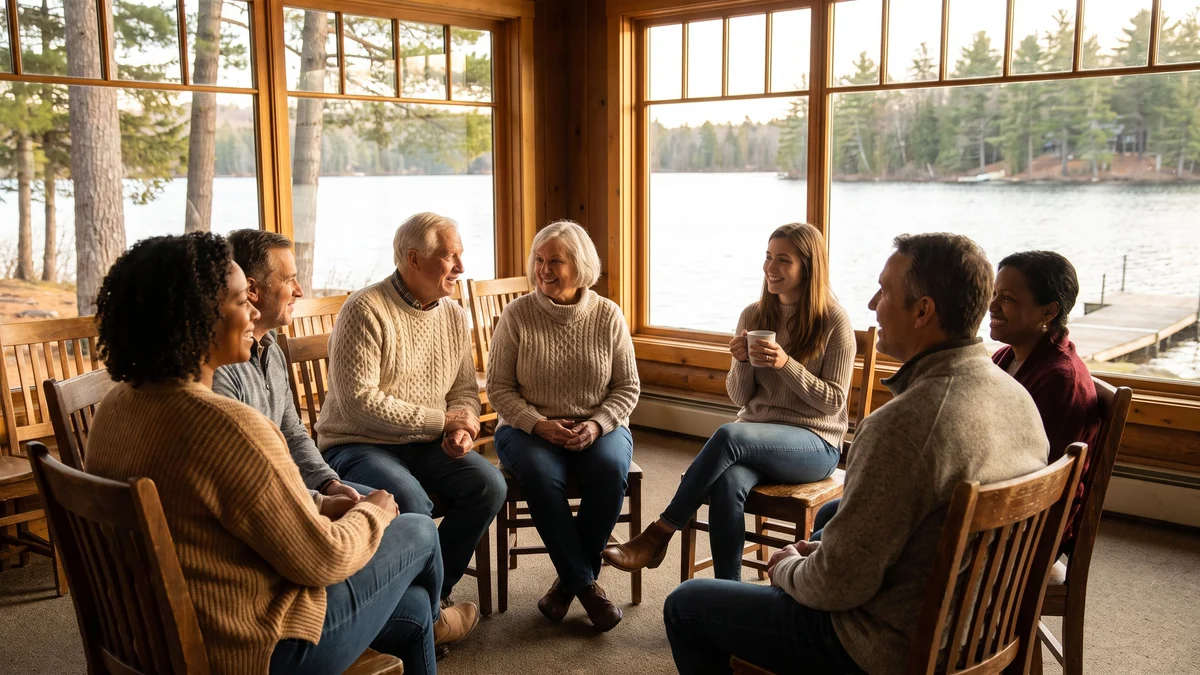 A small group of adults of varied ages talking in a circle of chairs in a community room beside a lake